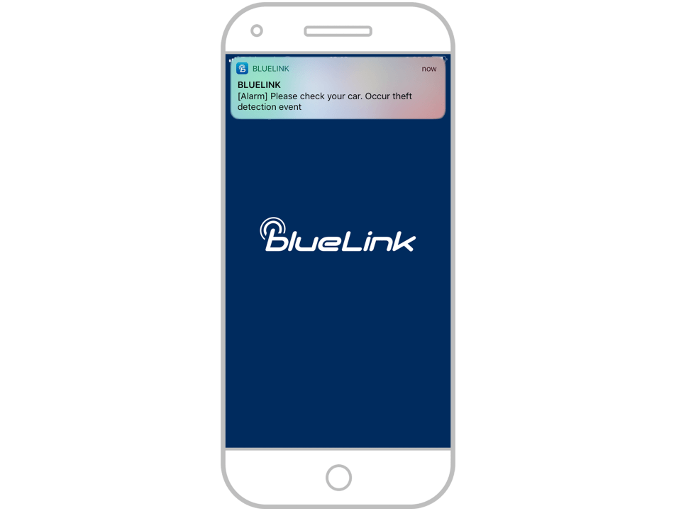 Snímek obrazovky s oznámením aplikace Hyundai Bluelink na iPhonu: upozornění na aktivovaný alarm