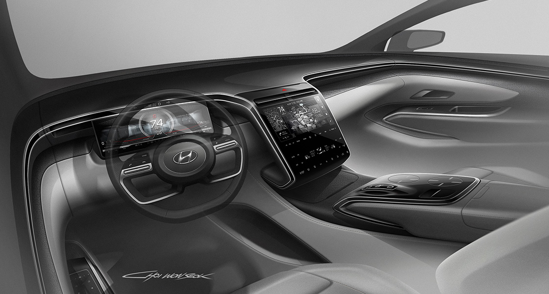 Designový náčrt zcela nového designu interiéru kompaktního SUV Hyundai Tucson.