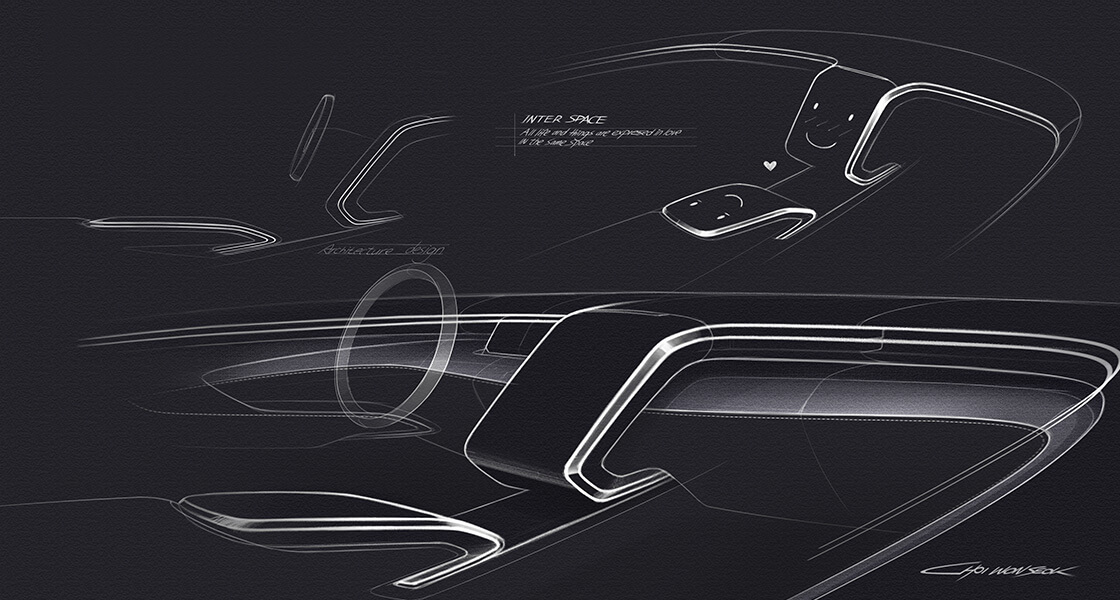 Designový náčrt zcela nového designu interiéru kompaktního SUV Hyundai Tucson.